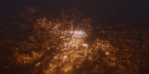 Street lights map of Little Rock (Arkansas, USA) with tilt-shift effect, view from west. Imitation of macro shot with blurred background. 3d render, selective focus