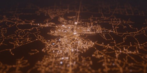 Street lights map of Monroe (Louisiana, USA) with tilt-shift effect, view from west. Imitation of macro shot with blurred background. 3d render, selective focus