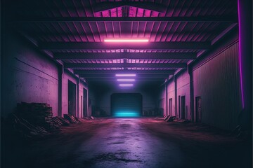 Old Night dark hangar, garage with neon illumination. AI