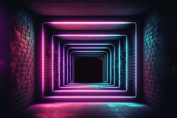 Dark night room with brick walls with neon illumination, metal pipes on the walls, a passageway, a tunnel in the wall. AI - obrazy, fototapety, plakaty
