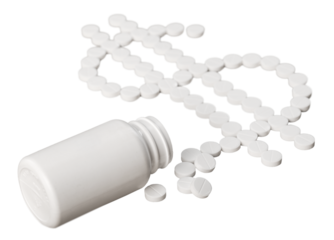 Dollar sign written with white pills spilled from a medicine bottle.