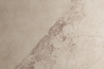 Map of Rabat (Morocco) on an old vintage sheet of paper. Retro style grunge paper with light coming from right. 3d render