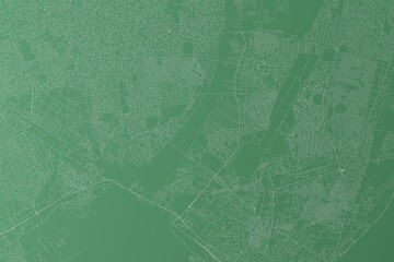 Stylized map of the streets of Maputo (Mozambique) made with white lines on green background. Top view. 3d render, illustration