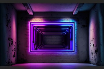 Dark night room with brick walls with neon illumination, metal pipes on the walls, a passageway, a tunnel in the wall. AI