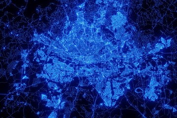 Street map of Johannesburg (South Africa) made with blue illumination and glow effect. Top view on roads network