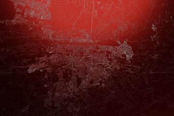 Street map of Pretoria (South Africa) engraved on red metal background. Light is coming from top. 3d render, illustration