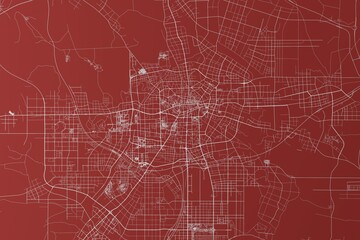 Map of the streets of Hefei (China) made with white lines on red background. Top view. 3d render, illustration
