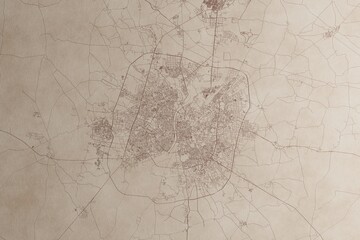 Map of Ahmedabad (India) on an old vintage sheet of paper. Retro style grunge paper with light coming from right. 3d render