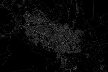 Stylized map of the streets of Mashhad (Iran) made with white lines on black background. Top view. 3d render, illustration