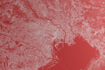 Map of the streets of Tokyo (Japan) made with white lines on red paper. Top view, rough background. 3d render, illustration