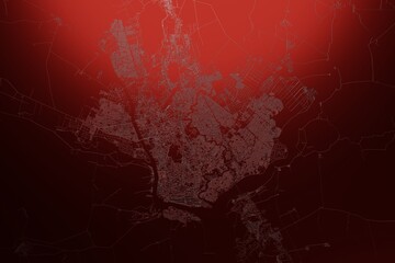 Street map of Yangon (Myanmar) engraved on red metal background. Light is coming from top. 3d render, illustration
