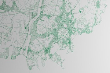 Map of the streets of Busan (South Korea) made with green lines on white paper. 3d render, illustration