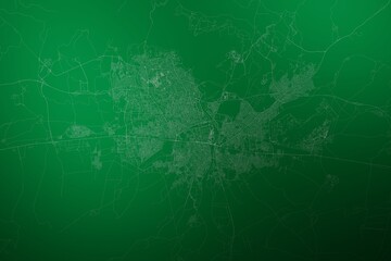 Map of the streets of Adana (Turkey) made with white lines on abstract green background lit by two lights. Top view. 3d render, illustration