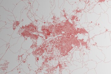 Map of the streets of Ankara (Turkey) made with red lines on white paper. 3d render, illustration
