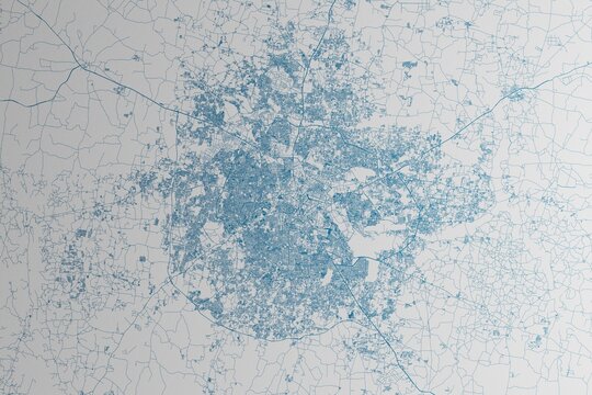 Map of the streets of Bangalore (India) made with blue lines on white paper. 3d render, illustration