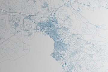 Map of the streets of Thessaloniki (Greece) made with blue lines on white paper. 3d render, illustration