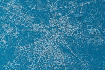 Map of the streets of Wroclaw (Poland) made with white lines on blue background. 3d render, illustration