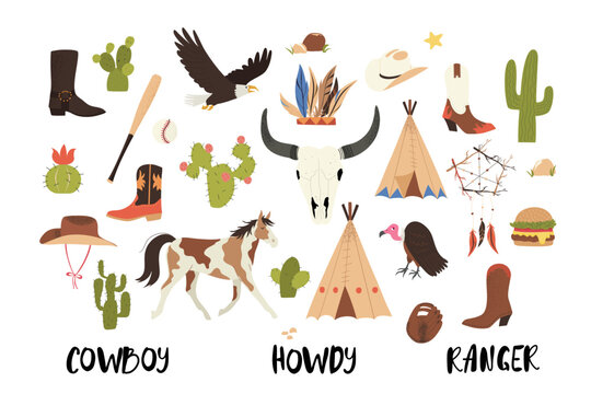 Hand drawn cute American Wild West symbols, isolated on white vector illustration in flat style with textured effect