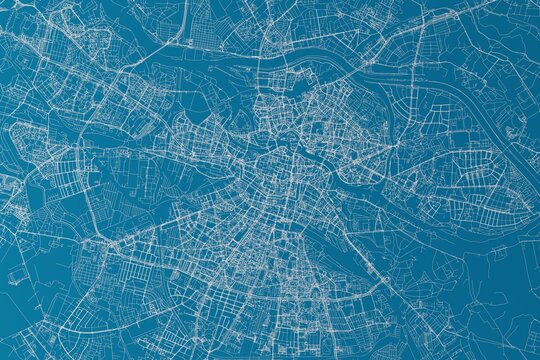 Fototapeta Map of the streets of Wroclaw (Poland) made with white lines on blue background. 3d render, illustration