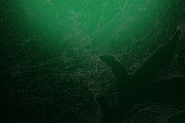 Street map of Lucerne (Switzerland) engraved on green metal background. Light is coming from top. 3d render, illustration