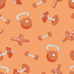 Fitness equipment seamless pattern with kettlebell, dumbbell and ab roller . Cartoon flat design for wallpapers, wrapping, textile prints, backgrounds.