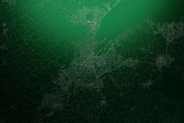 Street map of Belfast (UK) engraved on green metal background. Light is coming from top. 3d render, illustration - obrazy, fototapety, plakaty