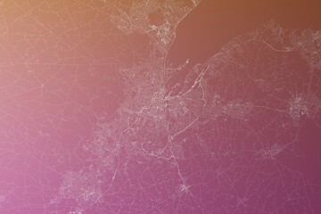 Map of the streets of Belfast (UK) made with white lines on pinkish red gradient background. Top view. 3d render, illustration