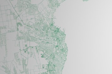 Map of the streets of Odessa (Ukraine) made with green lines on white paper. 3d render, illustration