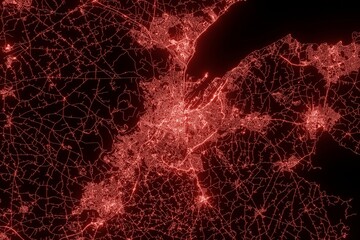 Street map of Belfast (UK) made with red illumination and glow effect. Top view on roads network. 3d render, illustration - obrazy, fototapety, plakaty