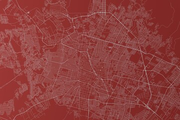 Map of the streets of Leon (Mexico) made with white lines on red background. Top view. 3d render, illustration