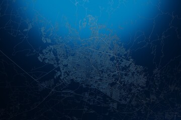 Street map of Leon (Mexico) engraved on blue metal background. View with light coming from top. 3d render, illustration