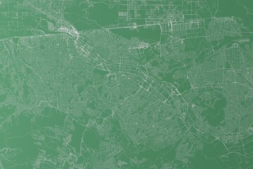 Stylized map of the streets of Tijuana (Mexico) made with white lines on green background. Top view. 3d render, illustration