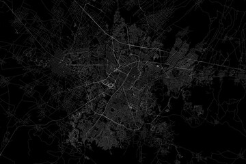 Stylized map of the streets of Puebla City (Mexico) made with white lines on black background. Top view. 3d render, illustration