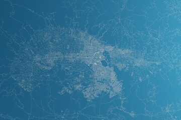 Map of the streets of Cochabamba (Bolivia) made with white lines on blue paper. Rough background. 3d render, illustration
