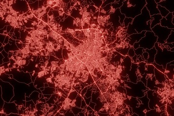 Street map of Campinas (Brazil) made with red illumination and glow effect. Top view on roads network. 3d render, illustration