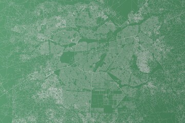 Stylized map of the streets of Ouagadougou (Burkina Faso) made with white lines on green background. Top view. 3d render, illustration