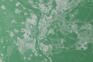 Stylized map of the streets of Cairo (Egypt) made with white lines on green background. Top view. 3d render, illustration