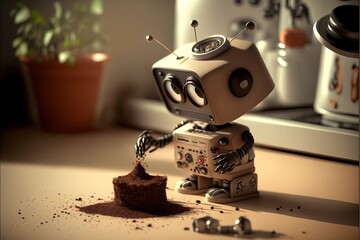 high resolution picture,  Cute tiny toy robot doing everday tasks, amazing 3D graphic, . AI Generative