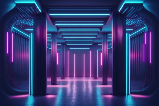 Abstract light tunnel, corridor with neon light. Hi-tech sci-fi passageway. Metallic light reflection. AI © MiaStendal