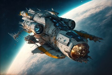 Spaceship in space against the backdrop of planets, 3D graphic, AI Generative