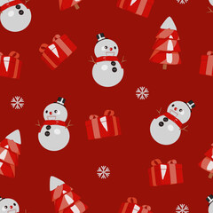 Winter holiday seamless pattern with snowman, gift, snowflake and tree. Cartoon flat design for wallpapers, wrapping, textile prints, backgrounds.
