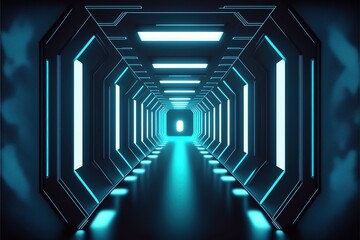 Abstract light tunnel, corridor with neon light. Hi-tech sci-fi passageway. Metallic light reflection. AI