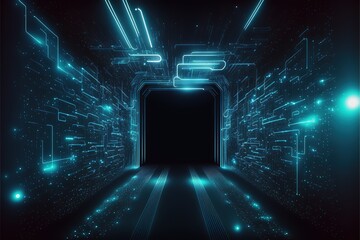 Abstract light tunnel, corridor with neon light. Hi-tech sci-fi passageway. Metallic light reflection. AI