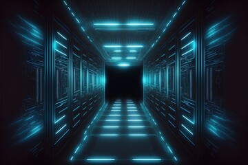 Fototapeta premium Abstract light tunnel, corridor with neon light. Hi-tech sci-fi passageway. Metallic light reflection. AI