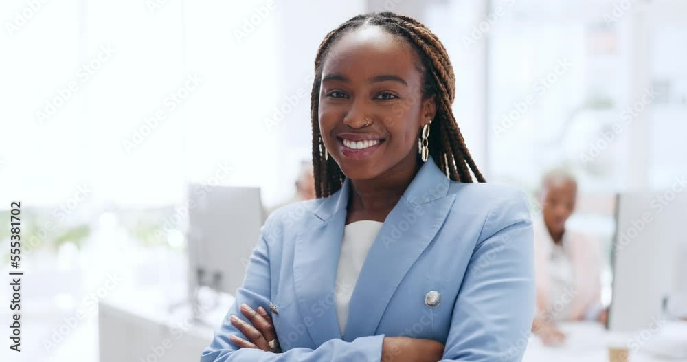 Sticker Happy, smile and face of business woman in office for management, leadership and vision. Professional, executive and future with portrait of black woman in digital agency for mindset, career or goal