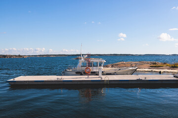 Archipelago National Park landscape, Southwest Finland, with islands, islets and skerries, Saaristomeren kansallispuisto, summer sunny day, view from shuttle ship ferry boat in the Archipelago Sea