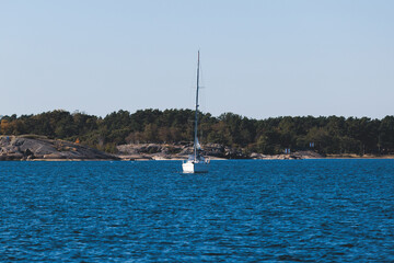 Archipelago National Park landscape, Southwest Finland, with islands, islets and skerries, Saaristomeren kansallispuisto, summer sunny day, view from shuttle ship ferry boat in the Archipelago Sea