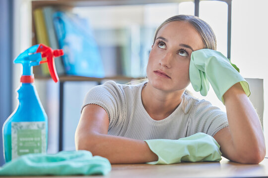 Woman, Stress Or Thinking With Spray Bottle In Spring Cleaning Of Housekeeping Wellness, Home Hygiene Maintenance Or Office Healthcare. Anxiety, Bored Or Annoyed Maid Or Cleaner With Bacteria Product