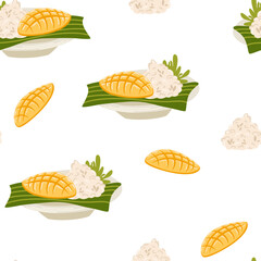 Rice with mango seamless pattern. Asian food background. Poke bowl with rice, egg, meat, fish, shrimp and seaweed. Perfect for restaurant cafe and print menus. Vector hand draw cartoon illustration.