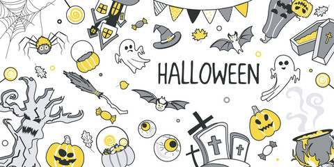 Halloween concept for banner design with flat line doodle pattern. Hand drawing texture with spooky ghost, cemetery, bat, garland, witch hat, castle, pumpkin, candy, tree. Illustration for web